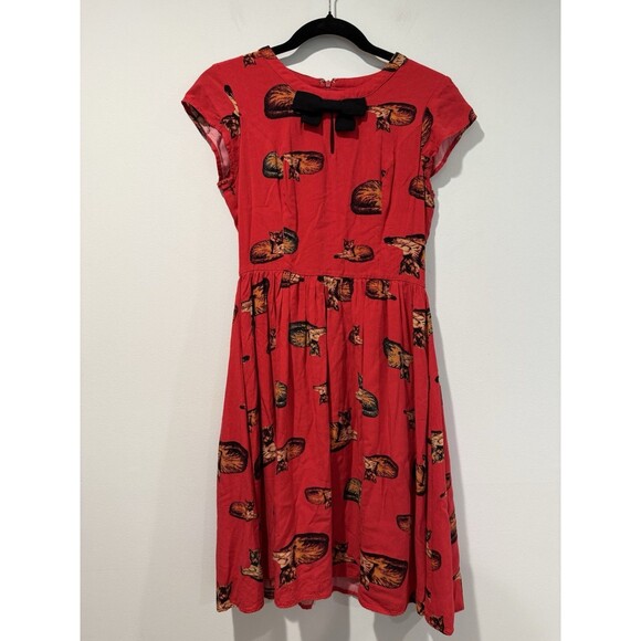 Modcloth Cat Fit & Flare Dress Womens Small Bow Twee All Over Print Retro Lined - Picture 1 of 6